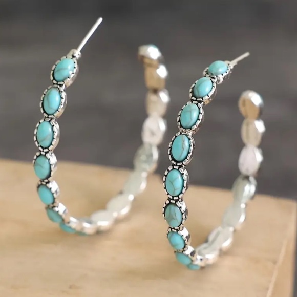 NWOT - Elegant Silver and Turquoise Hoop Earrings - Picture 2 of 6